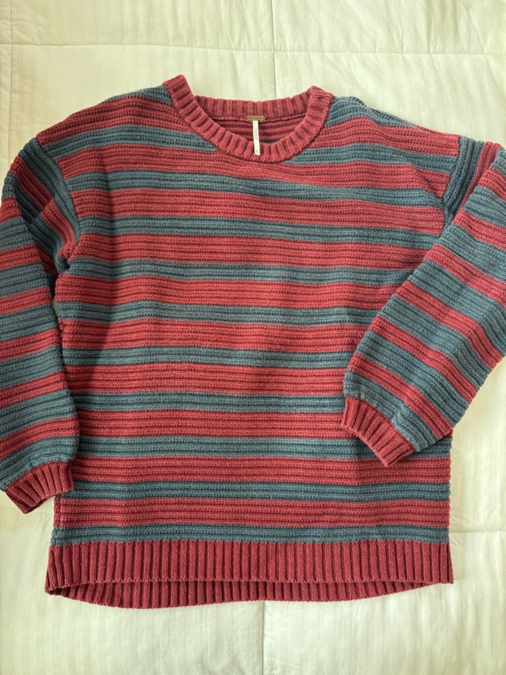 Free People Red and Slate Blue Striped Knit Sweater